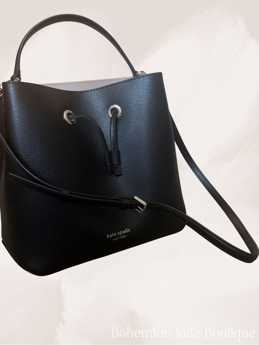 Kate Spade Eva Large Bucket Bag Black Pebbled Leather Drawstring Crossbody Purse - Picture 4 of 7